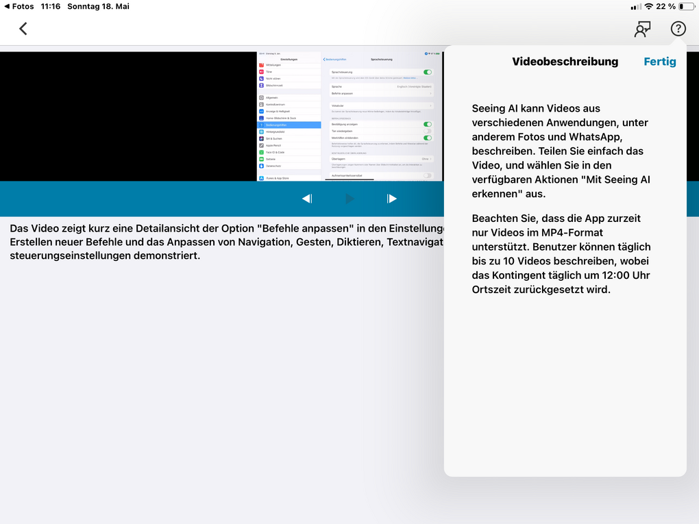 Info von Seeing AI: Zurzeit werden nur Videos im MP4-Format unterstützt, Benutzer können sich pro Tag täglich 10 Videos beschreiben lassen