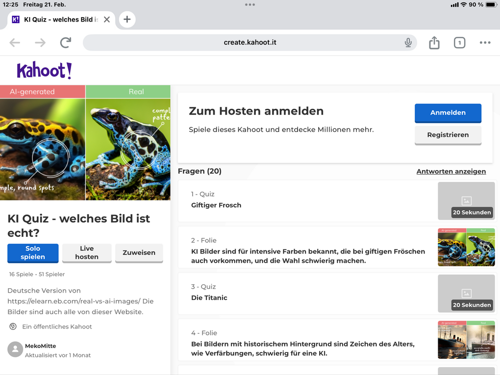 Kahoot-Oberfläche zum Erstellen und Bearbeiten eines Quiz