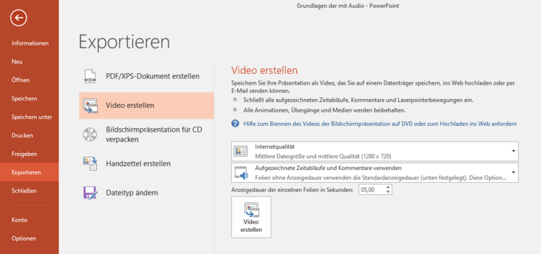 Powerpoint: Expotieren und Video erstellen klicken, um Bildchirmaufnahme als Video zu speichern