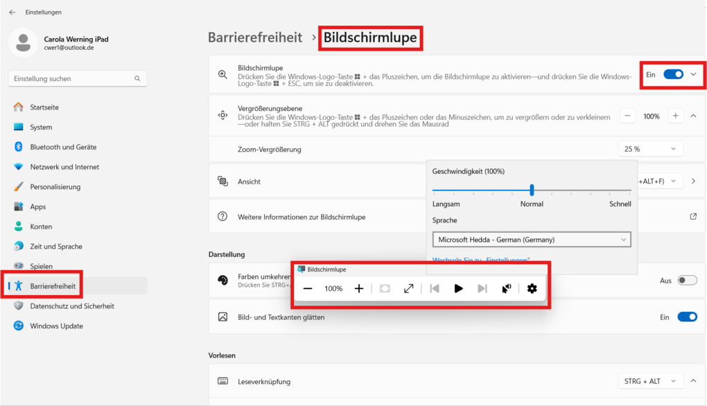 Barrierefreiheitseinstellungen von Windows 11: Bildschirmlupe