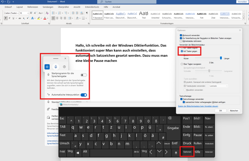 Bildschirmfoto: Word-Dokument, Bildschirm-Tastatur, Diktierfunktion. Geöffnet sind die Einstellungsoptionen, Beschreibung im Text