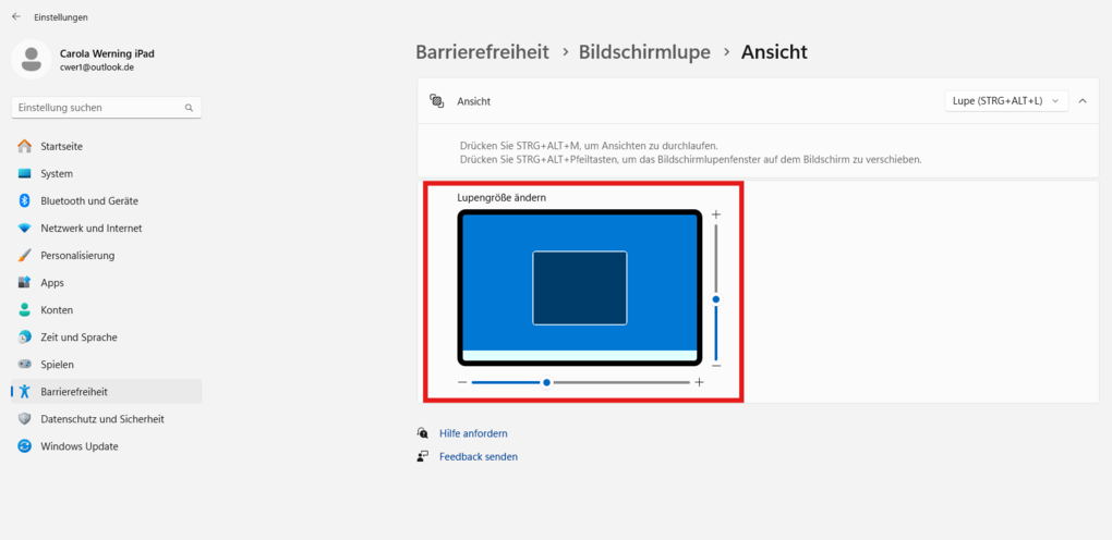 Barrierefreiheitseinstellungen von Windows 11: Lupengröße ändern
