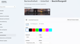 Screenshot: Barrierefreiheitsfunktionen in Windows 11, Live-Untertitel aktivieren und optisch anpassen