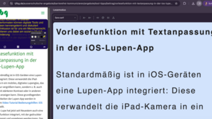 Webseite in zwei Ansichten, einmal normal, daneben im Lesemodus von Chrome mit großer Schrift auf blauen Hintergrund
