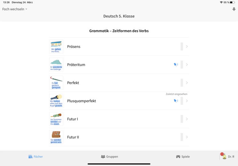 Beispiele für Übungsaufgaben Deutsch 5. Klasse: Grammatik - Zeitformen des Verbes
