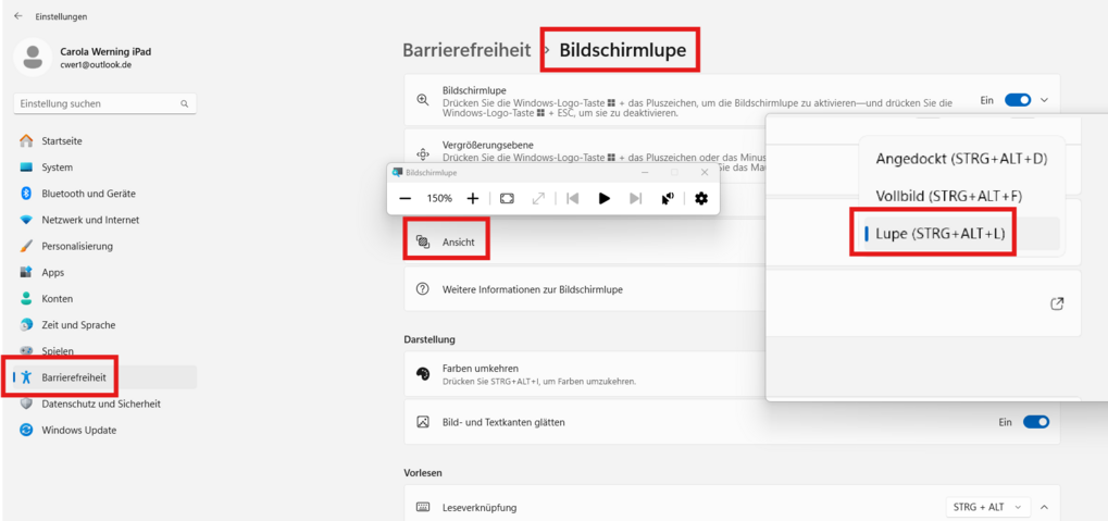 Barrierefreiheitseinstellungen von Windows 11: Bildschirmlupe von Vollbild auf Lupen-Ansicht umschalten