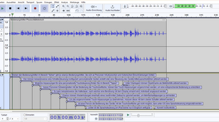 Bildschirmfoto des Audioschnittprogramms Audacity: Zu sehen sind alle Bearbeitungsfunktionen, die Amplituden der Soundspur sowie darunterliegend zeitsynchron der Text des Transkripts