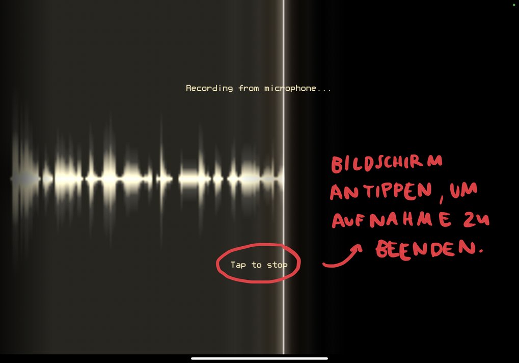 Screenshot der Aufnahme-Ansicht in PhonoPaper. Aufnahme durch Tippen auf den Bildschirm stoppen.