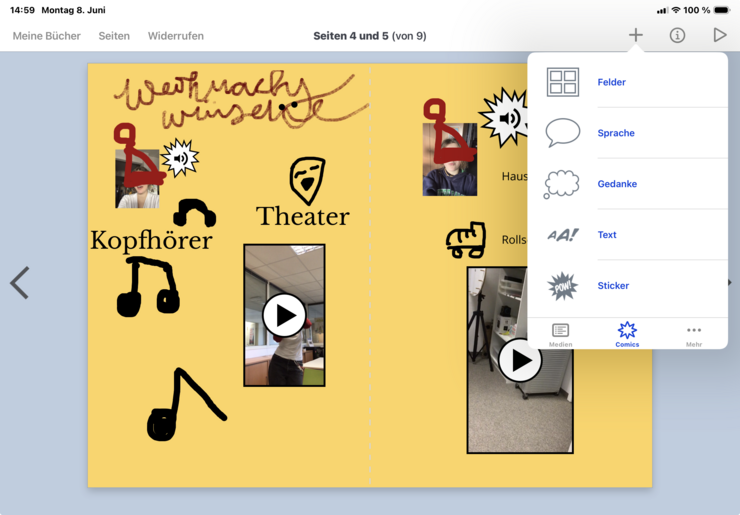 Beispielseite in Book Creator mit Fotos, Sprachaufnahmen, eigenen Zeichnungen. Weihnachtswünsche ist das Thema