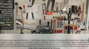 Screenshot der App Be My Eyes: Mit der Be My AI Funktion wurde eine ausführliche Beschreibung einer Werkstatt mit verschiedenen Werkzeugen, die an einer Wand hängen erstellt.