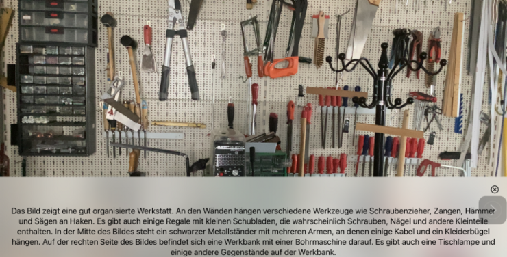 Screenshot der App Be My Eyes: Mit der Be My AI Funktion wurde eine ausführliche Beschreibung einer Werkstatt mit verschiedenen Werkzeugen, die an einer Wand hängen erstellt.