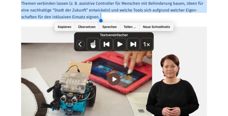 Screenshot: Webseite mit aktivierter iOS-Vorlesefunktion und Sprachausgabe-Controller