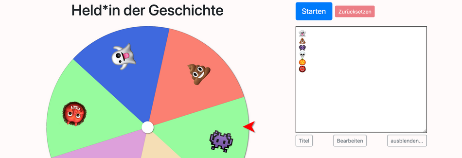 Screenshot eines weiteren Emoji-Glücksrads erstellt mit der Webseite PiliApp.