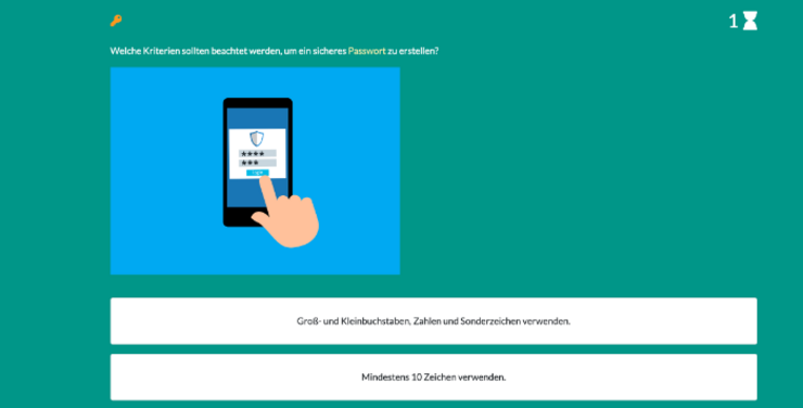 Beispiel für Quizaufgabe, erstellt mit Arsnova.Click: Frage: Welche Kriterien sollten beachtet werden, um ein sicheres Passwort zu erstellen. Antwort-Auswahl 1: Groß- und Kleinbuchstaben, Zahlen und Sonderzeichen verwenden. Antwort-Auswahl 2: Mindestens 10 Zeichen verwenden.
