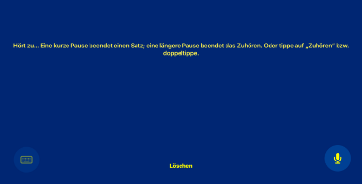 Startseite der App Dicto: Blauer Hintergrund gelbe Schrift