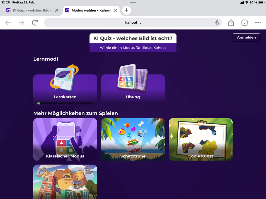 Unterschiedliche Möglichkeiten in Kahoot, eine Quiz zu spielen, z. B. Lernkkarten, Übung, Klassischer Modus und weitere, die z. B. Schatztruhe oder Coole Kunst heißen