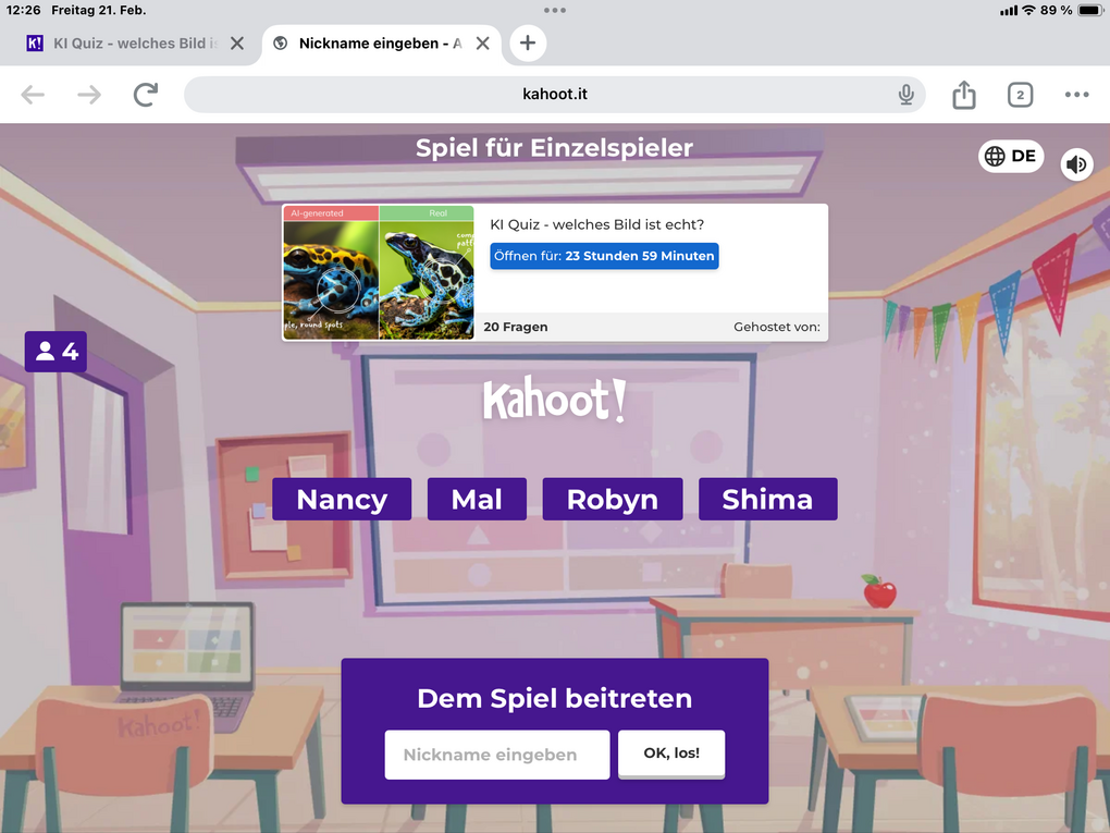 Oberfläche in Kahoot: Dem Quiz sind bereits verschiene Personen beigetreten. Die Namen der Quizteilnehmer werden in einem virtuellen Klassenzimmer angezeigt