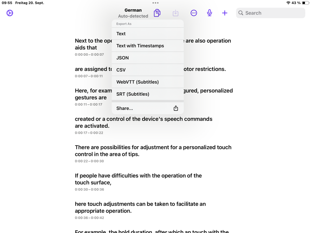Die Untertitel bzw. das Transkript in verschiedenen Dateiformaten herunterladen.