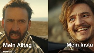 Meme: 2 Filmscreenshots sind nebeneinander geschnitten. Links: Nicolas Cage, der gehetzt und angestrengt schaut. Beschriftung: Mein Alltag. Rechts: Orlanda Bloom, strahlend lächelnd, Beschriftung: Mein Inta