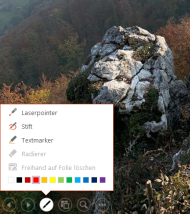 Zur Verfügung stehenden Werkzeuge während der Aufzeichnung der Bildschirmpräsentation: Laserpointer, Stift, Textmarker
